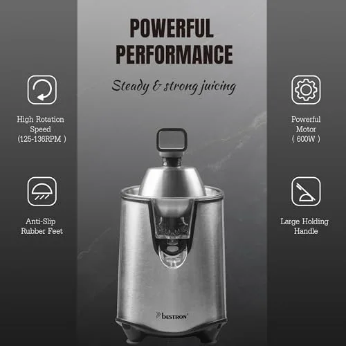 Bestron ▫️ Espremedor elétrico espremedor de laranjas com função de bloqueio do bico e coador de frutas em aço inoxidável, incluindo 2 cones com capacidade de 450 ml, alavanca de pressão suave para um 5