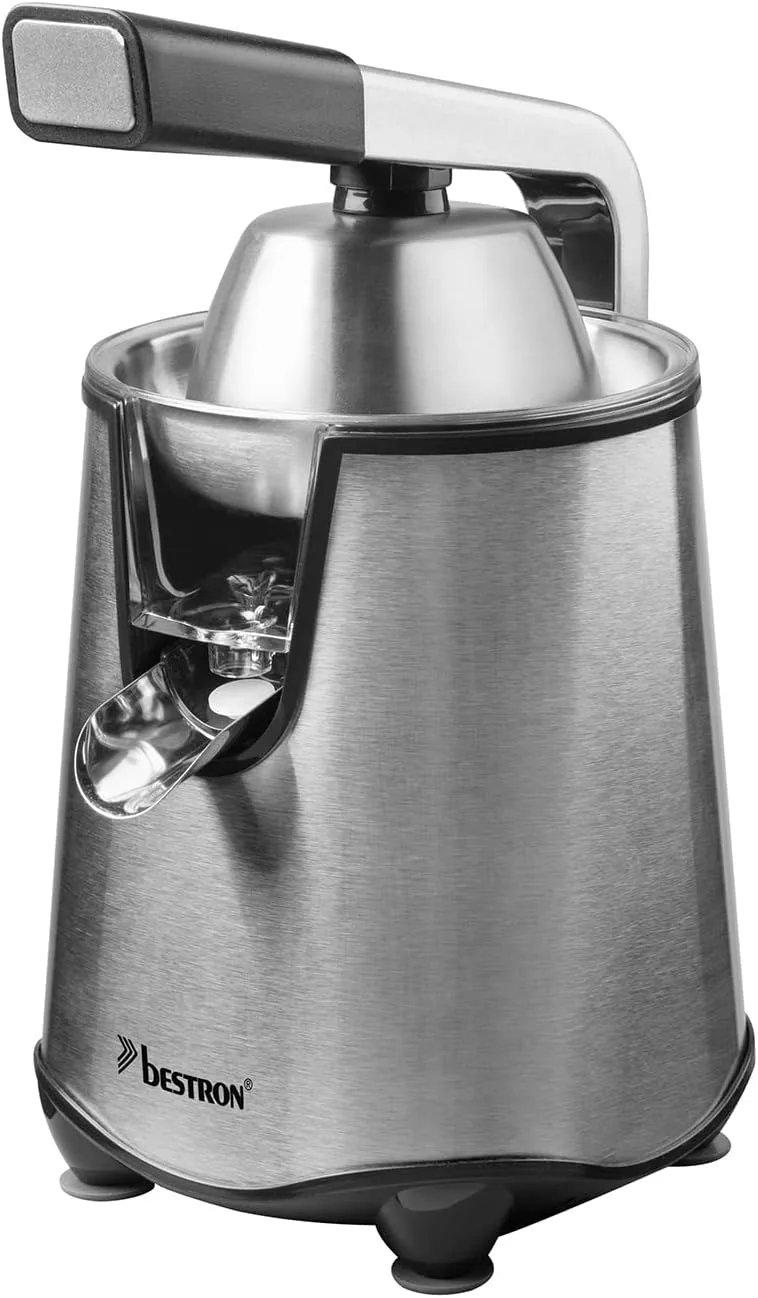 Bestron ▫️ Espremedor elétrico espremedor de laranjas com função de bloqueio do bico e coador de frutas em aço inoxidável, incluindo 2 cones com capacidade de 450 ml, alavanca de pressão suave para um