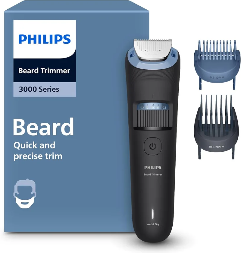 PHILIPS ▫️ Aparador de barba série 3000, para homem, lâminas auto-afiáveis, 40 posições ajustáveis, pente-guia «Levanta e Apara», 100% à prova de água, indicador de bateria, carregamento por USB, BT3660/15