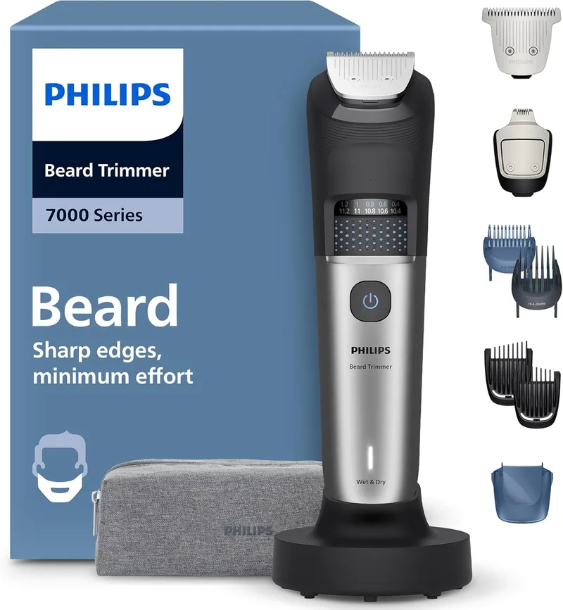 PHILIPS ▫️ Aparador de barba Série 7000, para homem, lâminas auto-afiáveis, 40 posições ajustáveis, sensor de barba, sistema de recolha de pêlos, 100% à prova de água, cabeça larga, BT7670/15