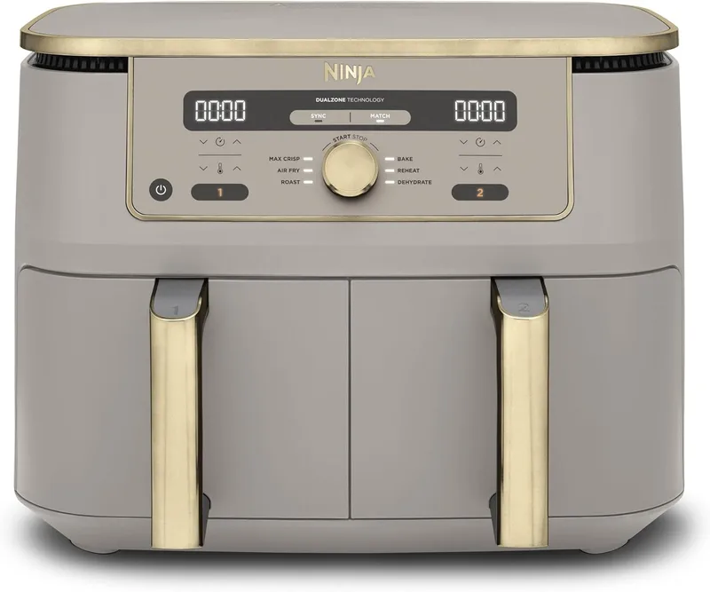 Ninja ▫️ Fritadeira de ar sem óleo MAX com compartimento duplo, 2 gavetas, 9,5 l, sem óleo, Air Fry, Max Crisp, Assar, Cozer, Reaquecer, Desidratar, cestos antiaderentes, Golden Stone, DZ400EUSTGD