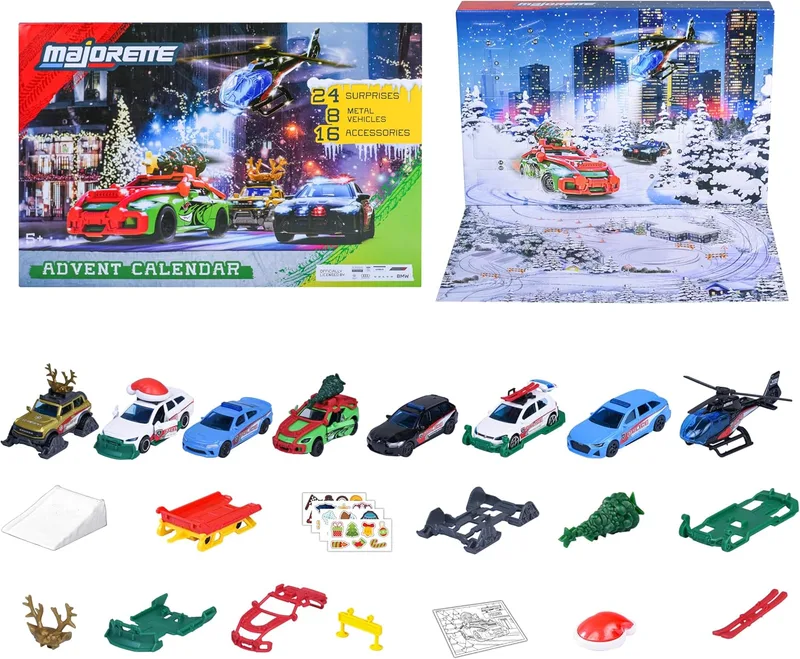 Majorette ▫️ Calendário do Advento, Conjunto de 8 Carros, Metal, 7,5 cm, Peças de Oficina, Acessórios de Afinação, Autocolantes, Diorama Incluído, Caixa Decorada, Ideal para Prenda, 3 anos (8504107000)