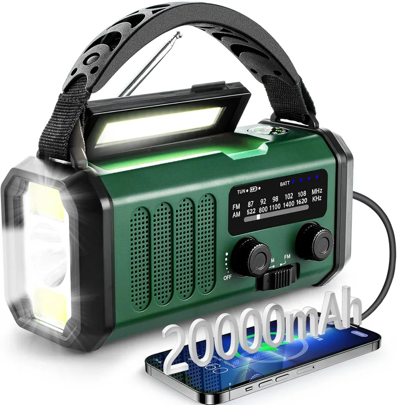 Winnes ▫️ Rádio a pilhas de 20 000 mAh, rádio de emergência portátil, alarme SOS, rádio FM/AM com luz de leitura, bússola, gerador com manivela e carregamento solar, para utilização ao ar livre, carregamento de emergência para smartphones
