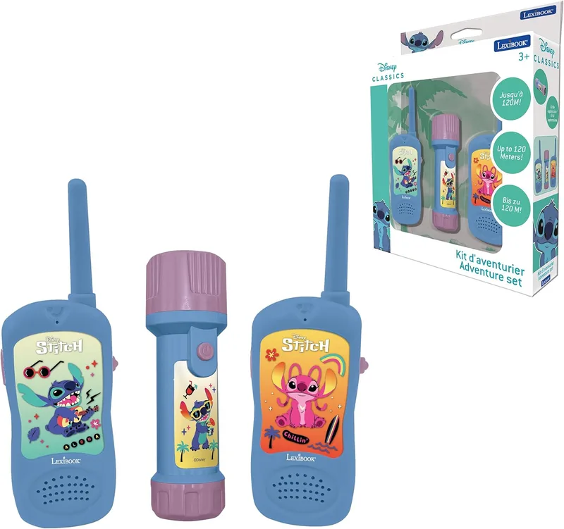 LEXIBOOK ▫️ Stitch, Kit Aventurero, RPTW10D | Walkie-talkies com alcance de 120 m, binóculos, lanterna e bússola incluídos, azul