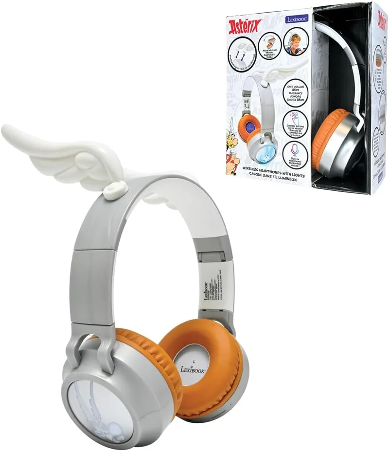 LEXIBOOK ▫️ Asterix, Auscultadores Bluetooth, HPBT015AX | Bluetooth e cabo 2 em 1, design 3D, luzes, volume limitado, prateado/branco
