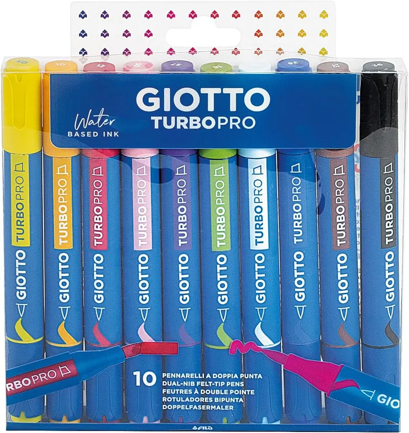 Giotto ▫️ Turbo Pro, Marcadores de dupla ponta de fibra, forma redonda, cores variadas, 10 unidades