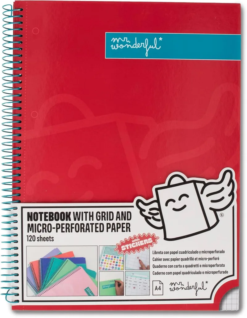 Mr. Wonderful ▫️ Caderno A4 Vermelho - 240 páginas quadriculadas com microperfuração - Capa dura - Encadernação em espiral - Inclui autocolantes