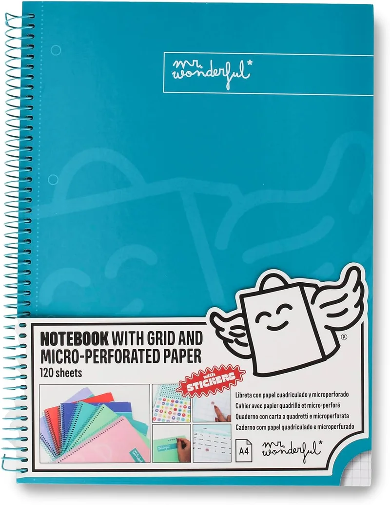 Mr. Wonderful ▫️ Caderno A4 Turquesa - 240 páginas quadriculadas com microperfurações - Capa extra-grossa - Encadernação em espiral - Inclui autocolantes