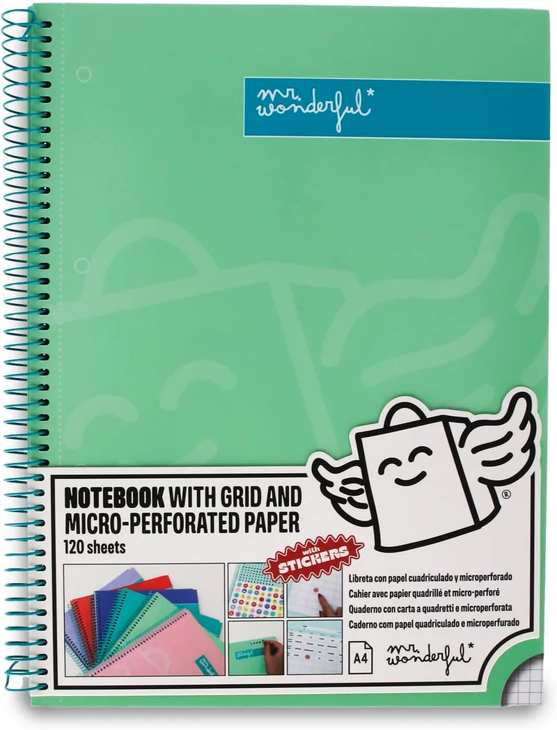 Mr. Wonderful ▫️ Caderno A4 Verde - 240 páginas quadriculadas com microperfuração - Capa dura - Encadernação em espiral - Inclui autocolantes