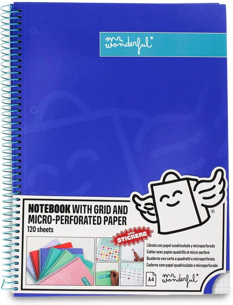Mr. Wonderful ▫️ Caderno A4 azul - 240 páginas quadriculadas com microperfuração - Capa dura - Encadernação em espiral - Inclui autocolantes