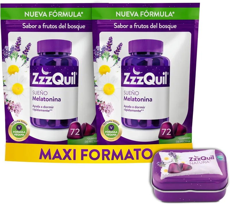 ZzzQuil ▫️ Sueño, Gomas de melatonina para dormir, ajuda a adormecer rapidamente*, sabor a frutos silvestres, fórmula vegana, 2 caixas de 72 gomas e estojo de viagem