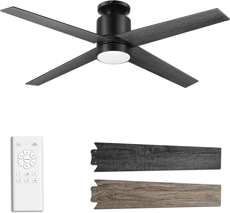 Ohniyou ▫️ Ventilador de Teto com Luz, Ventilador de Teto de 132cm com Controlo Remoto, Motor DC Silencioso, Temporizador, Ventiladores de Teto Reversíveis para Quarto Interior Exterior (Preto)