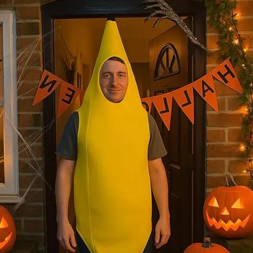 fufupaw ▫️ Fato de banana, fato de fruta, fato divertido de banana para adultos, homens e mulheres, modelo de peça única para o carnaval, Halloween, festas e cosplay, ideia perfeita para presente 3