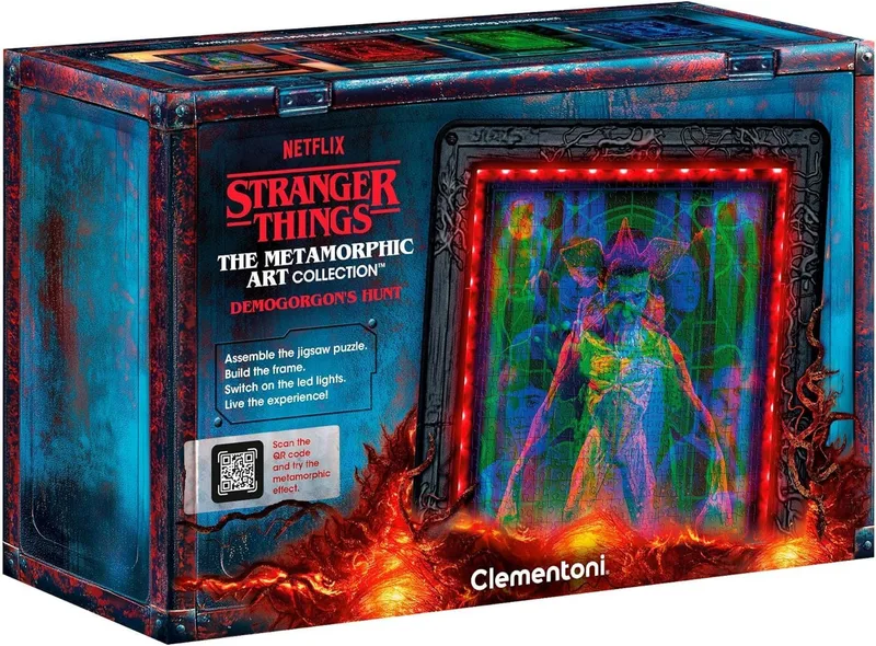 Clementoni ▫️ Puzzle Stranger Things - A Caçada do Demogorgon, com luz LED: Puzzle de 520 peças, cena que muda de cor com os Onze contra o Demogorgon