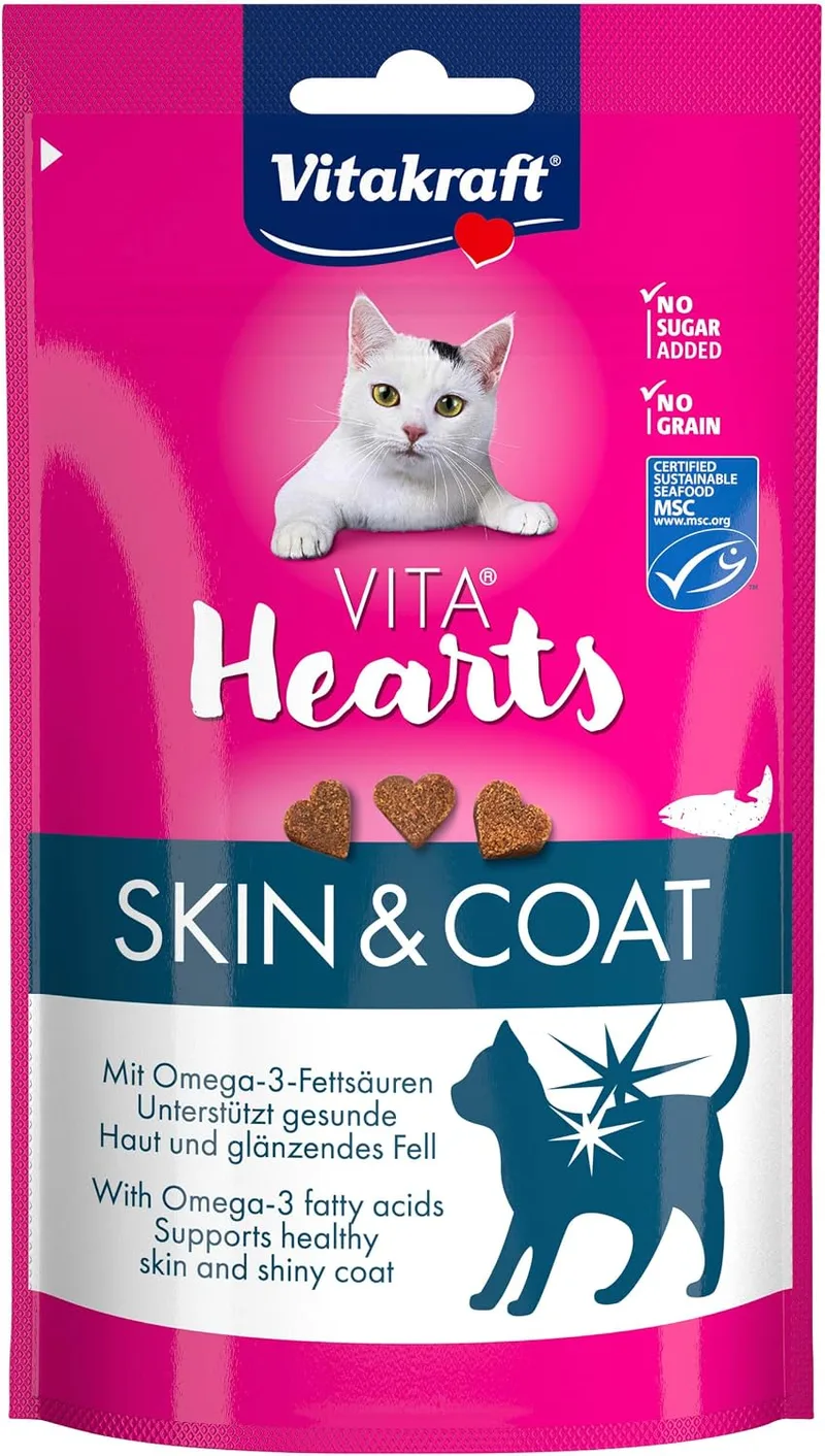 Vitakraft ▫️ Vita Hearts, Pele e pelo, petisco macio para gatos, para a pele e o pelo, com salmão (1 x 40 g)