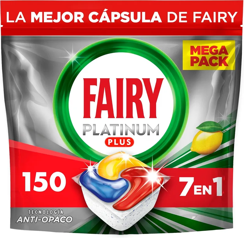 FAIRY ▫️ Platinum Plus Limão - Cápsulas «tudo em um» para a máquina de lavar louça, 150 cápsulas. A nossa melhor limpeza, que deixa a louça como nova, elimina a falta de brilho e evita a acumulação de calcário