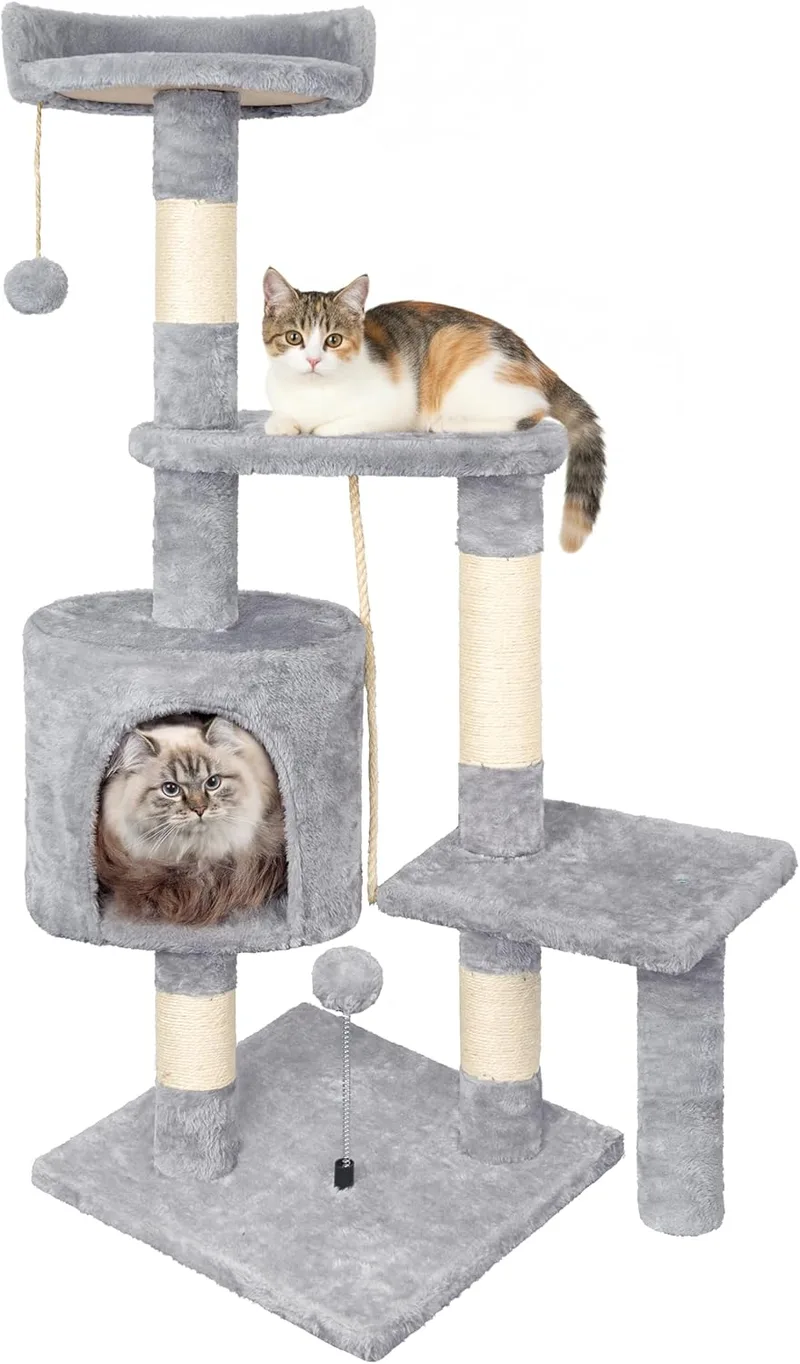 HOMIDEC ▫️ Arranhador para gatos,112 cm Multi-Level Stable Cat Scratching Tree with 4 Sisal Posts,3 Platforms,1 Bed,Cat Tower for Playing and Resting-Grey