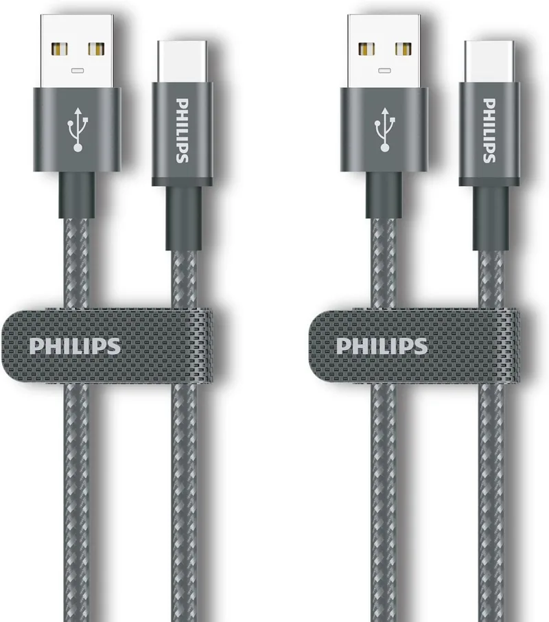 Philips ▫️ DLC5030AA - Conjunto de 2 cabos USB-C de 1 m, carregamento rápido de 18 W, cabo entrançado resistente a animais de estimação, transferência de dados a 480 Mbps, carregador tipo C para Android, CarPlay, Android