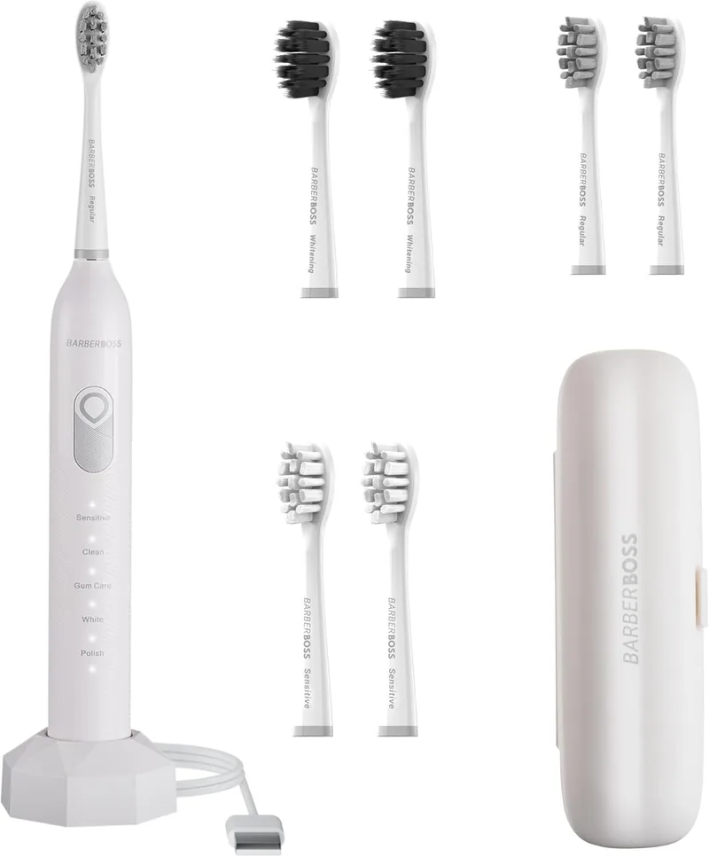 BARBERBOSS ▫️ Escova de dentes eléctrica escova de dentes sónica, 5 modos de escovagem, 6 cabeças de escova, sensor de pressão, temporizador inteligente e estojo de viagem, branco