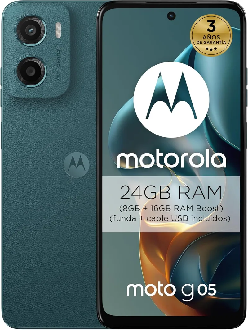 Motorola ▫️ Moto g05 24GB (8G+16GB RAM Boost)/256GB Azul, Reino Unido, ecrã super brilhante de 6,67 polegadas, Sistema de câmara de 50 MP, Modo retrato com IA, Soft luxe, Corning Gorilla Glass 3, Bateria de 5200 mAh