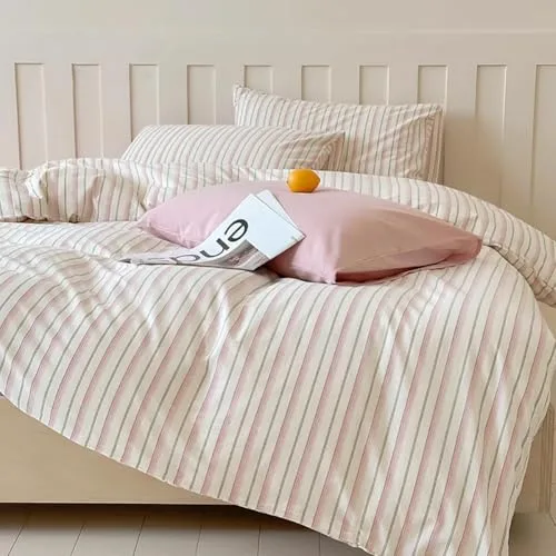 AShanlan ▫️ Roupa de cama às riscas 135x200 Rosa e Branco, 2 peças, microfibra, capa de edredão com fronha de almofada de 80x80 cm e fecho de correr 2