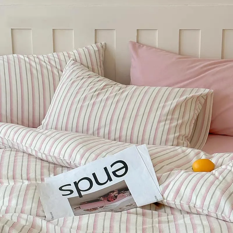 AShanlan ▫️ Roupa de cama às riscas 135x200 Rosa e Branco, 2 peças, microfibra, capa de edredão com fronha de almofada de 80x80 cm e fecho de correr 3
