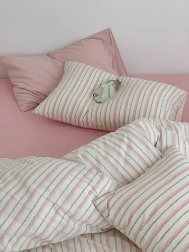 AShanlan ▫️ Roupa de cama às riscas 135x200 Rosa e Branco, 2 peças, microfibra, capa de edredão com fronha de almofada de 80x80 cm e fecho de correr 7