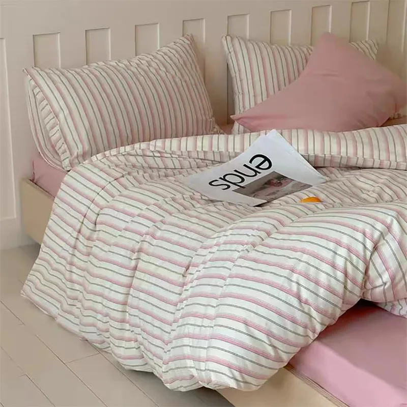 AShanlan ▫️ Roupa de cama às riscas 135x200 Rosa e Branco, 2 peças, microfibra, capa de edredão com fronha de almofada de 80x80 cm e fecho de correr