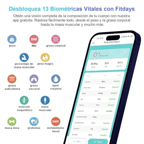 Healthkeep ▫️ Balança de casa de banho digital, balança de gordura corporal e massa muscular com aplicação, balança inteligente para peso corporal, 13 indicadores de composição corporal: peso, IMC e massa muscular, capacidade máxima de 180 kg 2