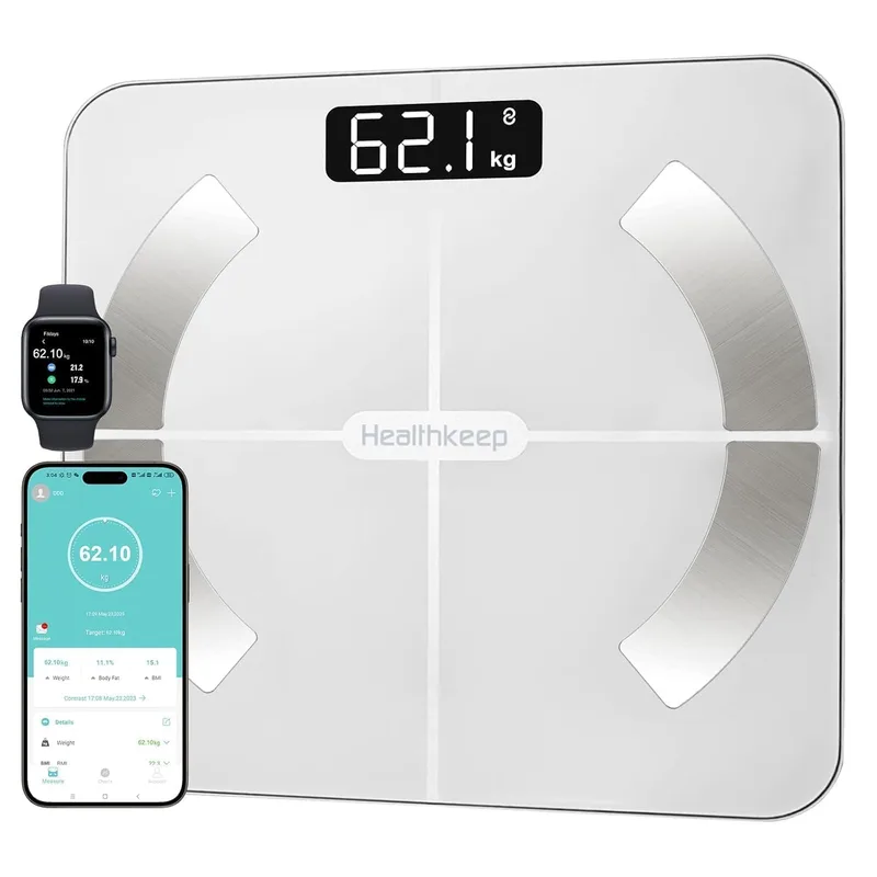 Healthkeep ▫️ Balança de casa de banho digital, balança de gordura corporal e massa muscular com aplicação, balança inteligente para peso corporal, 13 indicadores de composição corporal (peso, IMC, massa muscular), capacidade máxima de 180 kg