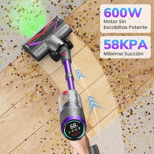 Circlio ▫️ Aspirador sem fio de 90 minutos, 58 kPa/600 W, escova de 1,6 L, ecrã tátil LED inteligente, aspirador sem fio anti-emaranhamento, ideal para pisos, tapetes e pêlos de animais de estimação 3