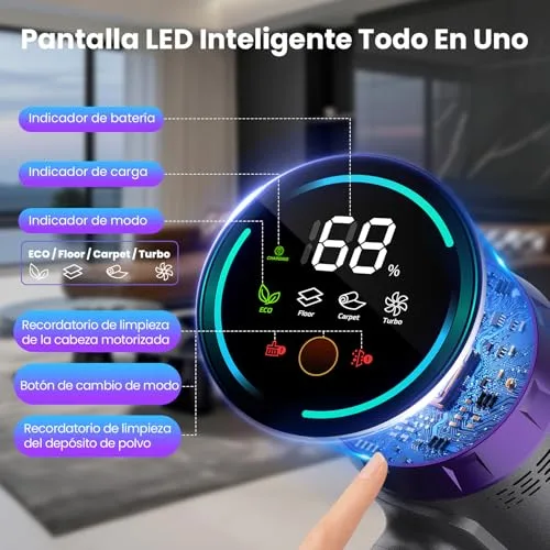 Circlio ▫️ Aspirador sem fio de 90 minutos, 58 kPa/600 W, escova de 1,6 L, ecrã tátil LED inteligente, aspirador sem fio anti-emaranhamento, ideal para pisos, tapetes e pêlos de animais de estimação 6