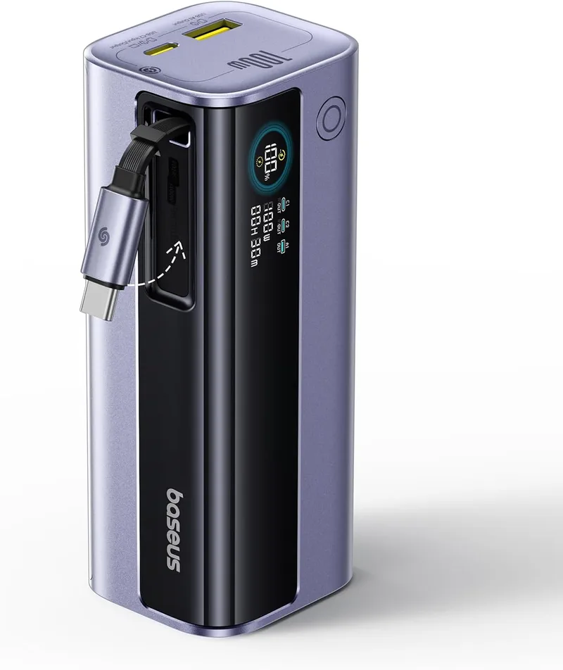 Baseus ▫️ EnerGeek Power Bank 100W 10000mAh Carregador portátil com cabo USB-C retrátil incorporado de 60 cm, ecrã digital, compatível com MacBook iPad, iPhone 16/15 Pro, Galaxy Ultra