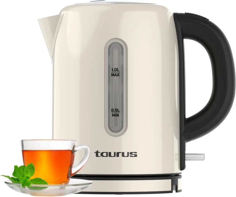 Taurus ▫️ Chaleira Eléctrica Vintage Compact Cream | 2400W | 1L | 1L | Fervura Rápida | Base 360º | Desligar Automático | Filtro Amovível | Sem BPA | Visor de Água | INOX