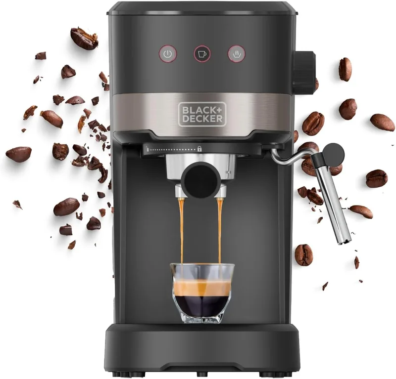 Black+Decker ▫️ Máquina de café expresso compacta de 1100 W | 20 bar de pressão | 3 funções | Vaporizador integrado | Reservatório removível de 1,4 L | Para café moído e cápsulas | Design moderno
