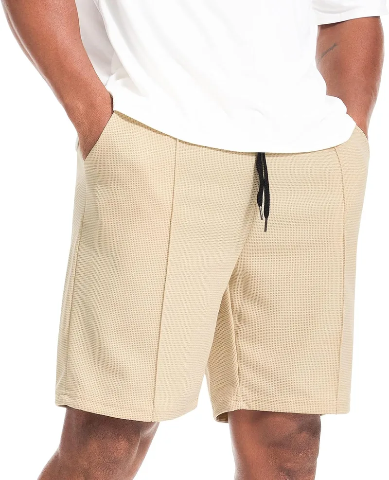 Curluriy ▫️ Calções para homem em tecido gofrado, bermudas casuais com bolso | Verão, Clássico, Cordão, Cintura elástica, Respirável, Corte regular