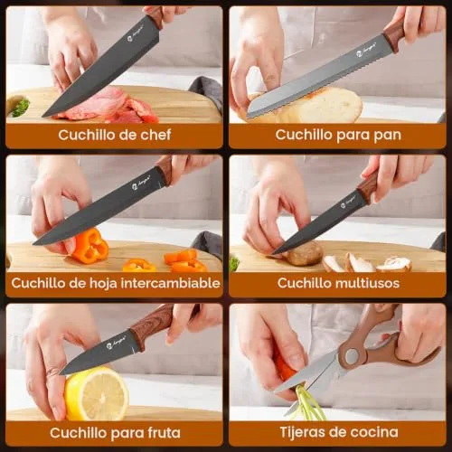 Kezidhp ▫️ Conjunto de facas de cozinha de 7 peças com bloco de madeira, em aço alemão 58HRC 6