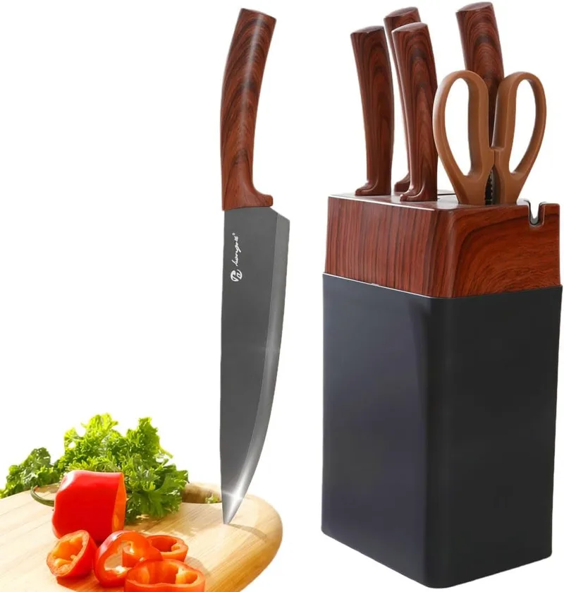 Kezidhp ▫️ Conjunto de facas de cozinha de 7 peças com bloco de madeira, em aço alemão 58HRC