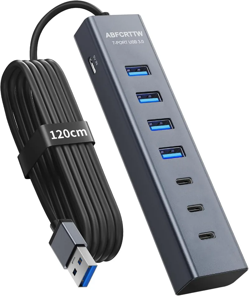 ABFCRTTW ▫️ Hub USB 3.0 com 7 portas e cabo de 120 cm para PC, adaptador multiportas em alumínio com USB 3.0 a 5 Gbps, 4 portas USB-A e 3 portas USB-C, para PC, portátil, MacBook, rato, teclado, pen USB, etc.