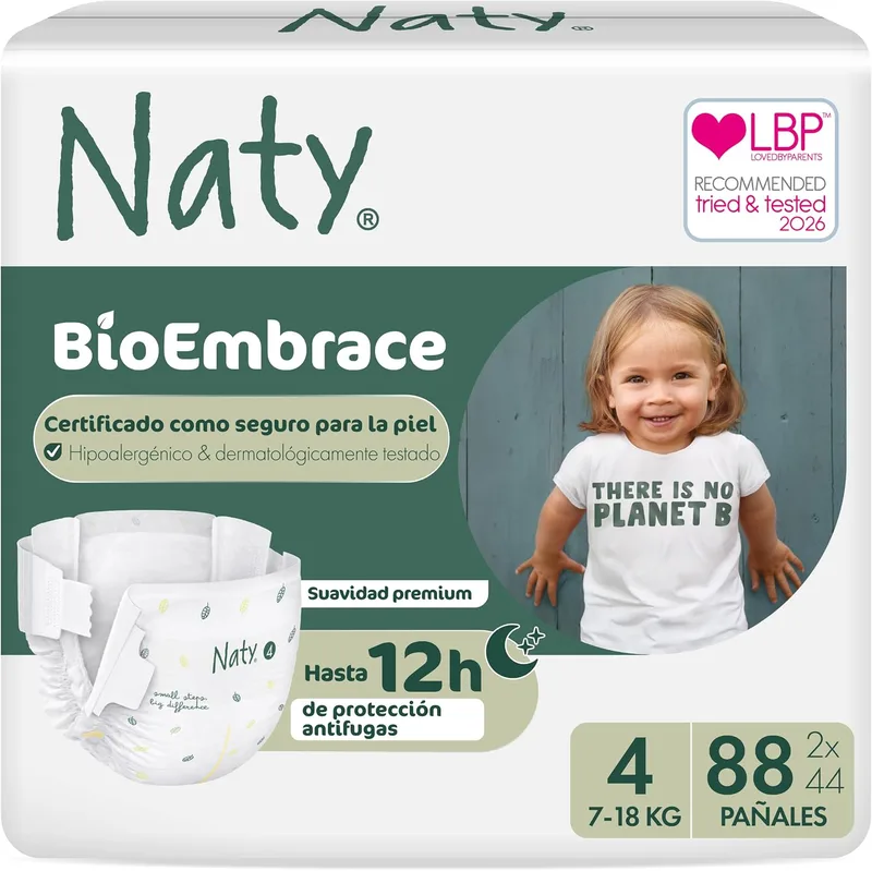 Naty ▫️ Fraldas para bebé BioEmbrace, Tamanho 4 (7–18 kg), 88 unidades