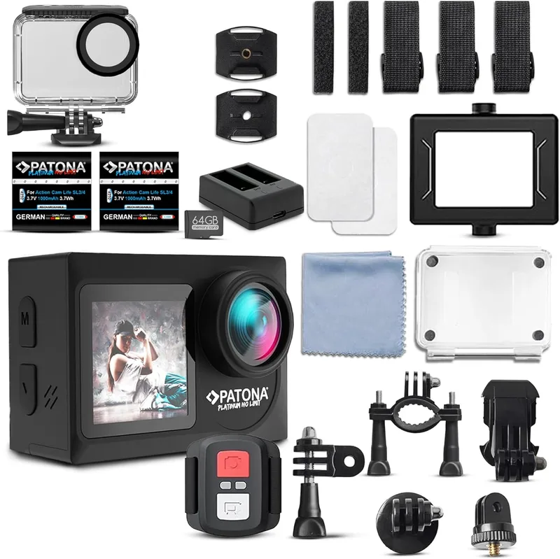 PATONA ▫️ Action Cam Life SL4, 5K, 120 fps, 64 MP, EIS, 120° 6 G + IR | Conjunto grande: 2 baterias de iões de lítio + carregador duplo + cartão de 64 GB | muitos acessórios