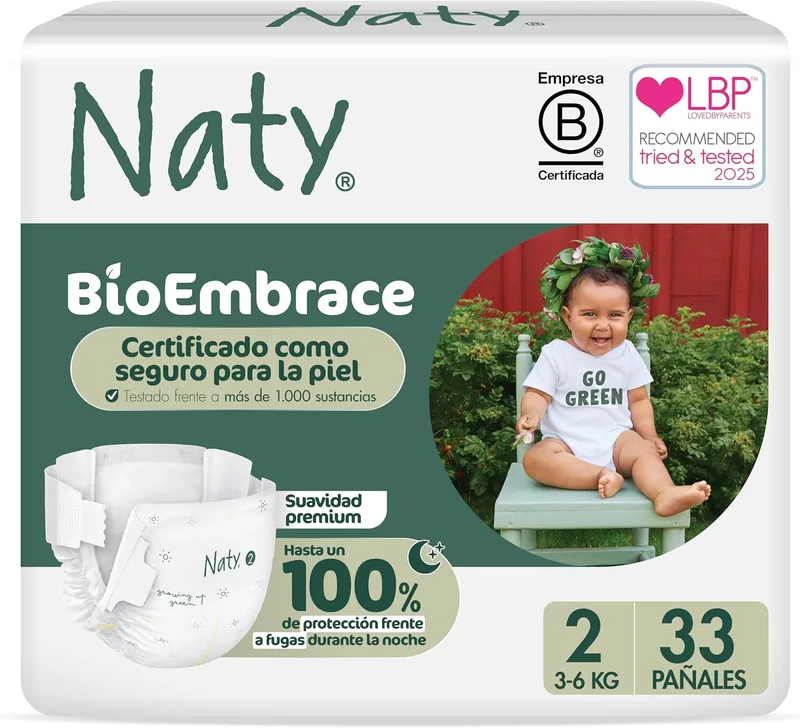 Naty ▫️ BioEmbrace Fraldas para recém-nascidos | Testadas para peles sensíveis | 100% de proteção contra fugas | Suavidade vegetal | Sem cloro | Tamanho 2 (3-6 kg), 33 pcs.