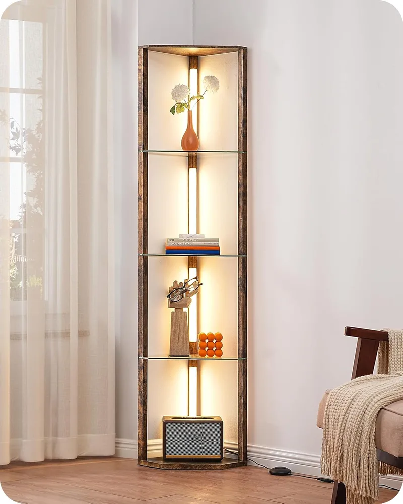 EDISHINE ▫️ Candeeiro de pé com prateleira de vidro para sala de estar, LED regulável, estilo vintage
