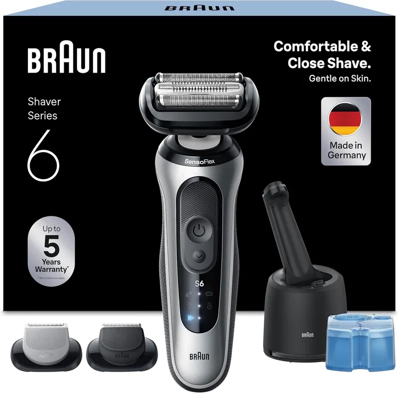 Braun ▫️ Máquina de barbear eléctrica Men's Series 6, máquina de barbear a húmido e a seco, 2 modos de barbear, 60 minutos de utilização, +2 acessórios de barbear, centro de limpeza, estojo de viagem, 62-S7650CC, prateado