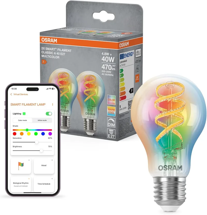 OSRAM ▫️ Lâmpada de filamento SMART+ RGB (2 unidades, E27, 5W) - 16M cores - branco quente a frio (2700-6500K) - compatível com Matter via Wi-Fi - Alexa, Google, Apple