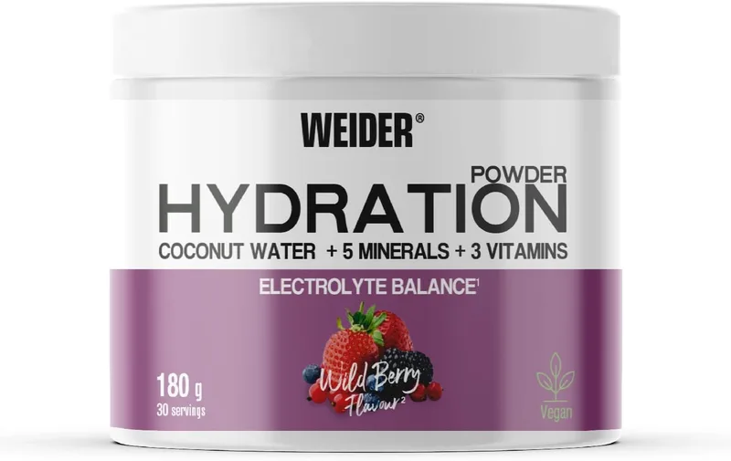 Weider ▫️ Hydration Powder (180 g) Sabor a frutos silvestres, Pó para bebida instantânea com água de coco, 5 minerais, 3 vitaminas e taurina, para o equilíbrio eletrolítico, vegano, sem açúcar adicionado