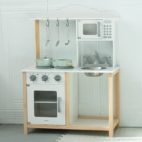 mamabrum ▫️ Cozinha Infantil de Madeira Montessori com micro-ondas e forno com sons – cozinha de brincar com acessórios, arrumação organizada, design moderno e seguro para crianças a partir dos 3 anos 2