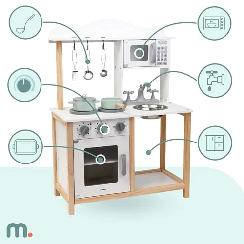 mamabrum ▫️ Cozinha Infantil de Madeira Montessori com micro-ondas e forno com sons – cozinha de brincar com acessórios, arrumação organizada, design moderno e seguro para crianças a partir dos 3 anos 3