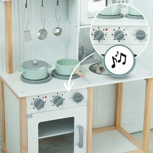 mamabrum ▫️ Cozinha Infantil de Madeira Montessori com micro-ondas e forno com sons – cozinha de brincar com acessórios, arrumação organizada, design moderno e seguro para crianças a partir dos 3 anos 5