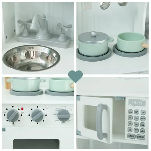 mamabrum ▫️ Cozinha Infantil de Madeira Montessori com micro-ondas e forno com sons – cozinha de brincar com acessórios, arrumação organizada, design moderno e seguro para crianças a partir dos 3 anos 6